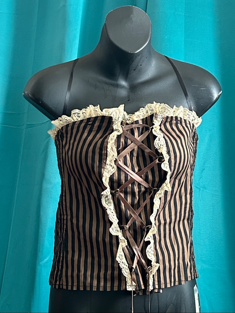 2 pieces Studio Black Leggings with Brown Striped Lace-Up Waist Corset set 🖤